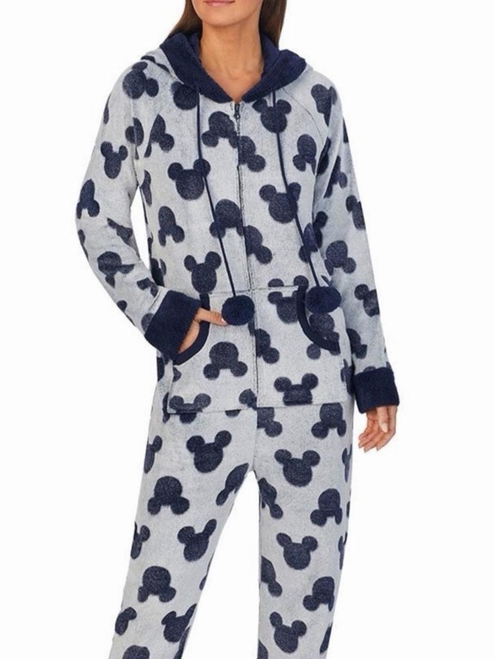 Disney Women's Plush Hooded Onesie in Light Gray and Navy SMALL